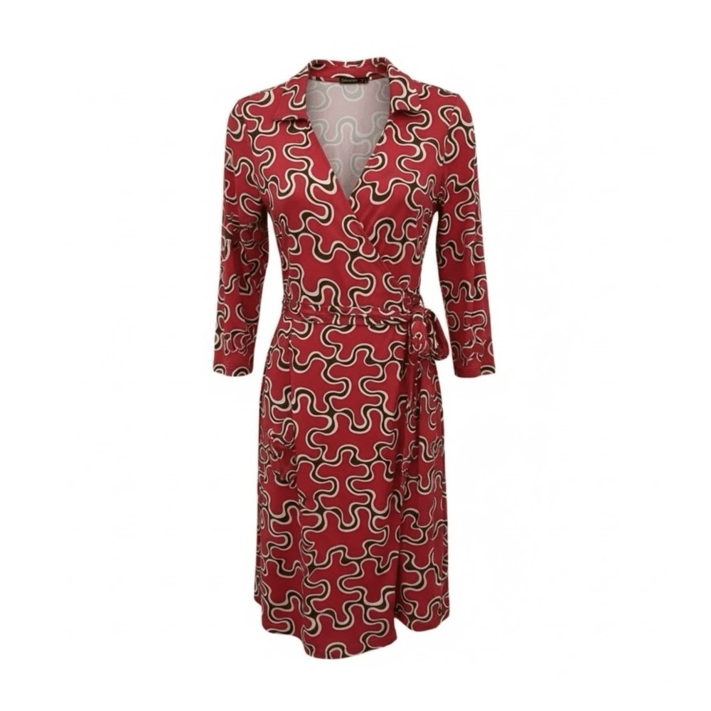 J. McLaughlin Lila Shirt Collar Wrap Dress Size M Brown Pink Geometric
